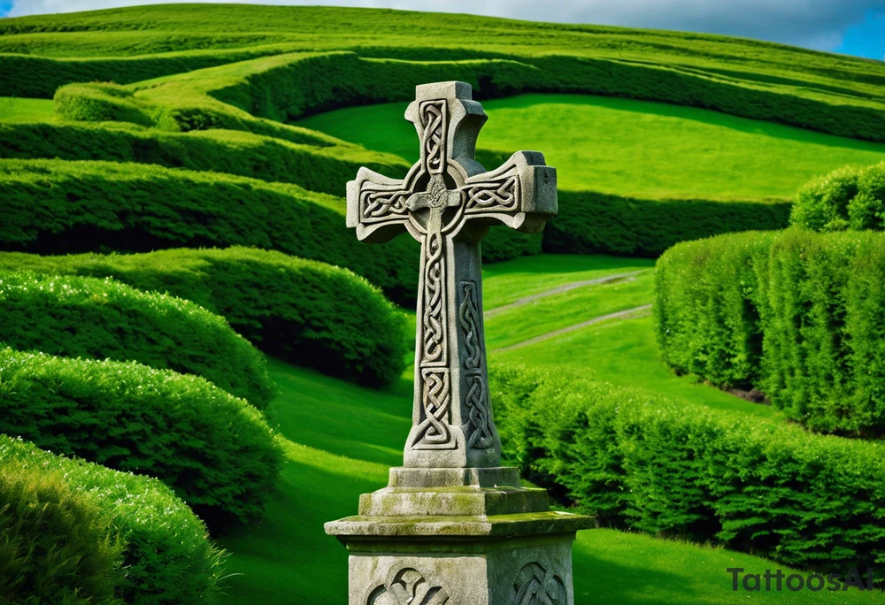 A large, weathered stone Celtic cross standing proudly atop a lush green hill, its four arms stretching skyward. The cross is intricately carved with intertwining knots and spirals, reflecting the artistry of the ancient Celts. A large raven sits perched at the intersection of the cross's arms, its ebony feathers gleaming in the soft light. The bird's eyes seem to hold a wisdom beyond its years, as if it has been witness to countless generations come and gone. tattoo idea