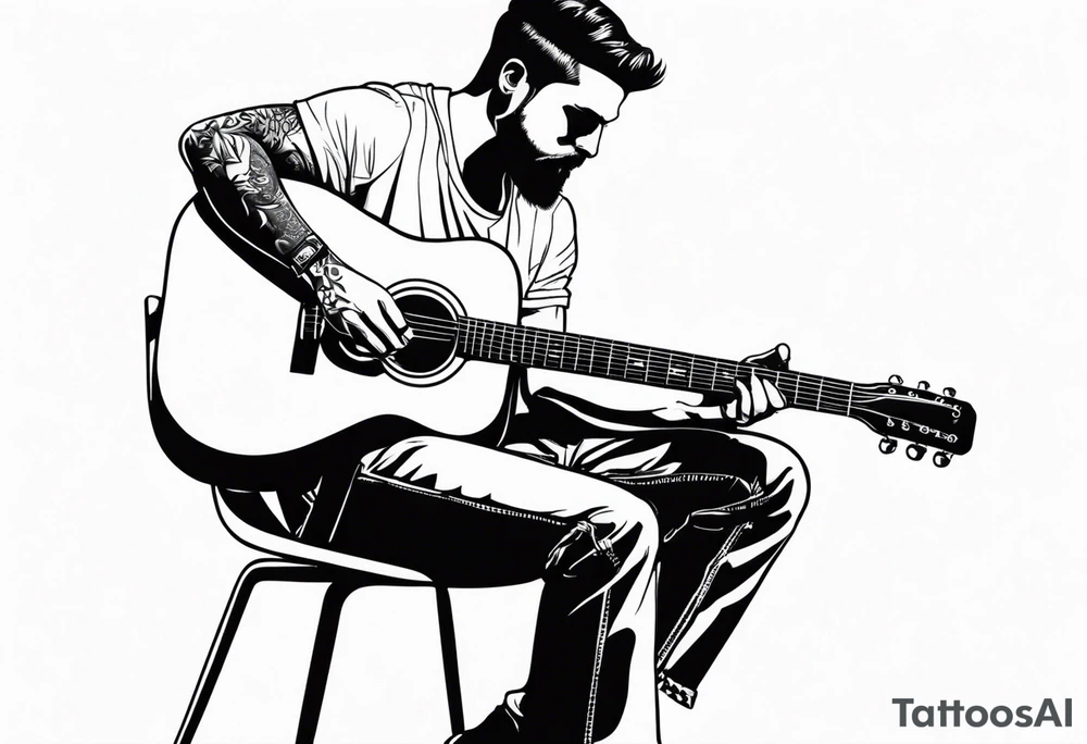 man on chair playing guitar tattoo idea