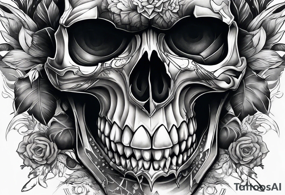 Unique tattoo design featuring a skull emerging from the skin with muzzle on the mouth that appears to be releasing or breaking free from its constraints. tattoo idea