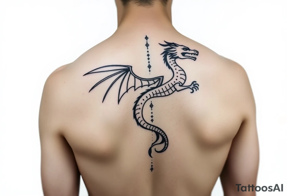 A symbolic back tattoo featuring a minimalist tribal-style dragon, incorporating Amazigh (Berber) symbols for strength, freedom, and identity. The design should reflect themes of transformation, grounding, and soul direction, resonating with a journey of inner rebirth and spiritual embodiment. Style: fine linework, sacred geometry, tribal influence, and dotwork. Ink: black or dark brown. tattoo idea