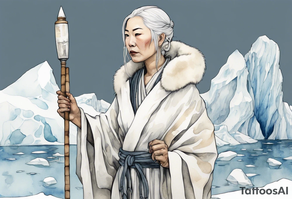 a 40 year old Inuit woman with white hair and a white robe holding a silver and white staff, standing on an iceberg tattoo idea