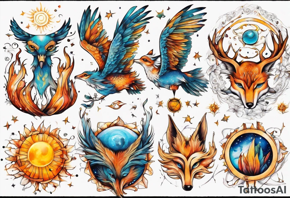 fisch, fuchs und eule , symetrie  sonne, universum, bunt, " sapere aude" tattoo idea