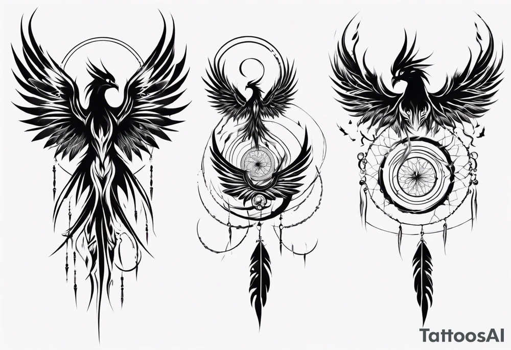 Vertical angry flying Phoenix with wings blending into circles and a long abstract dream catcher feather tail tattoo idea