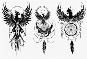 Vertical angry flying Phoenix with wings blending into circles and a long abstract dream catcher feather tail tattoo idea