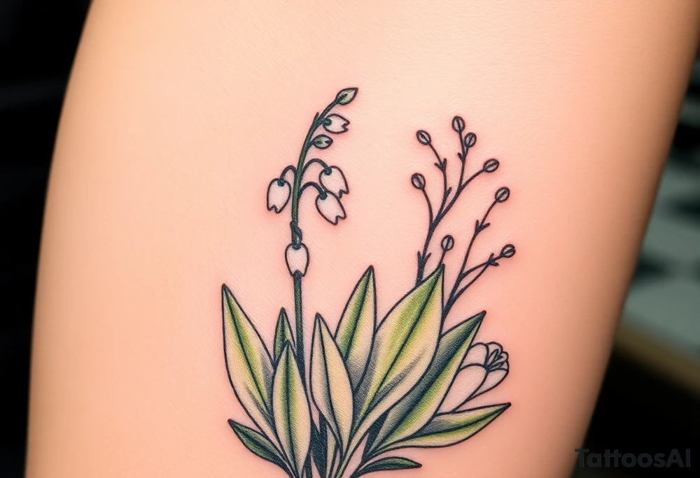 Small White lily in the valley bells growing next to other different colored lilie plants planted 
around  blooming hawthorn tree tattoo idea