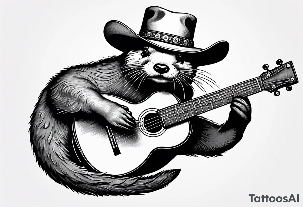 An otter floating on its back playing a banjo and wearing a cowboy hat tattoo idea