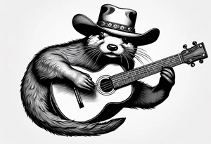 An otter floating on its back playing a banjo and wearing a cowboy hat tattoo idea