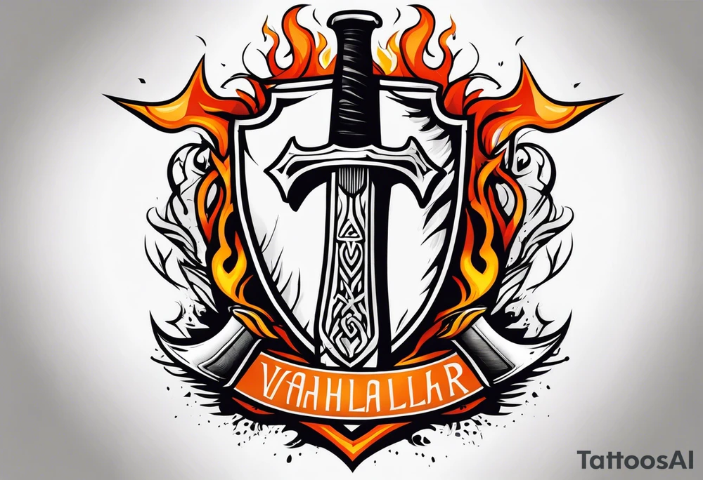 valhalla on fire sword shield axe tattoo idea