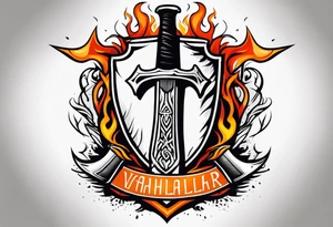 valhalla on fire sword shield axe tattoo idea
