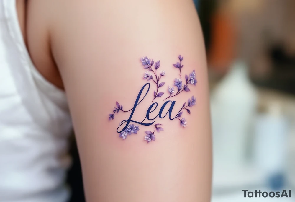 Lea name written in elegant script, surrounded by delicate lilac vines with small white blossoms. tattoo idea