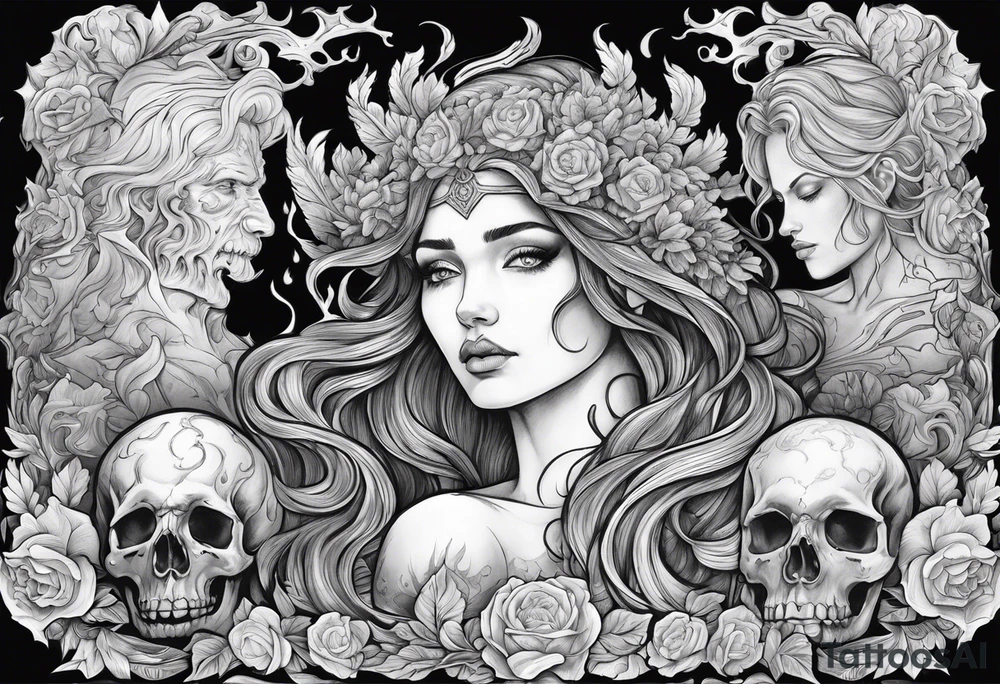 Hades and Persephone in Hell surrounded by skulls and fire tattoo idea