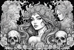 Hades and Persephone in Hell surrounded by skulls and fire tattoo idea