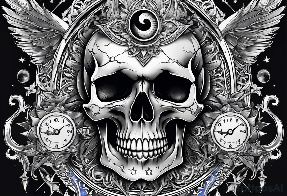 Skull with third eye and dagger through it with the phases of the moon at the bottom tattoo idea