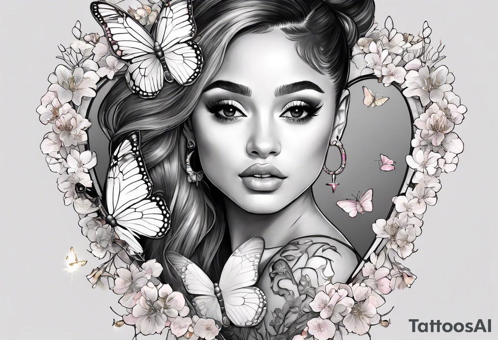 Ariana Grande surrounded in a golden aura with white butterflies and cherry blossoms holding a key that unlocks a heart tattoo idea