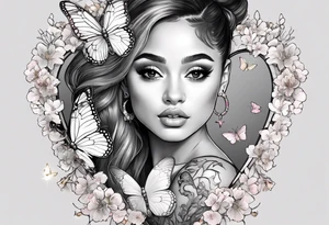 Ariana Grande surrounded in a golden aura with white butterflies and cherry blossoms holding a key that unlocks a heart tattoo idea