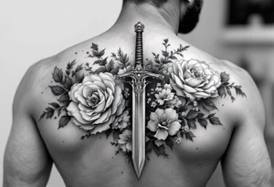 Power knight with sword with roses and cherry blossoms tattoo idea