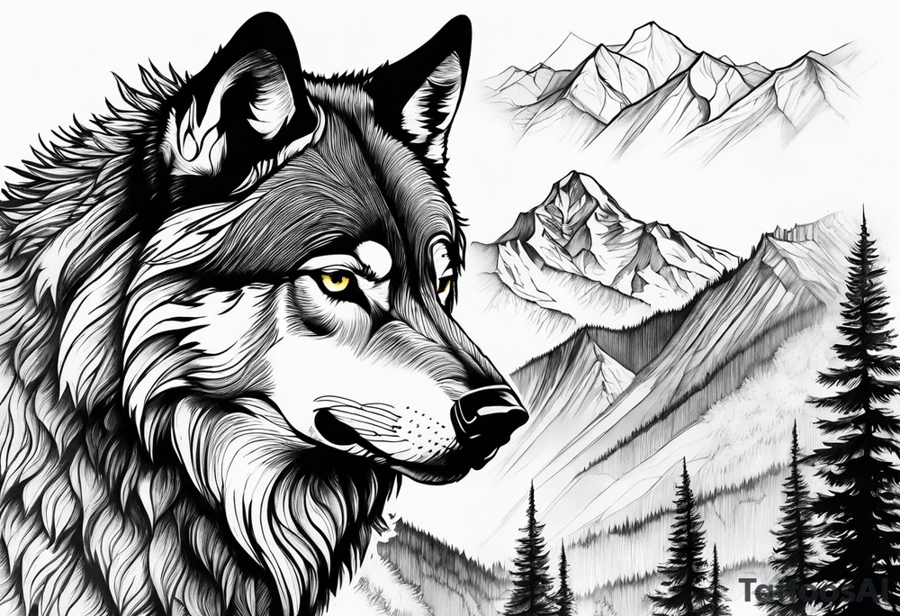 Mountains, wolf in it tattoo idea