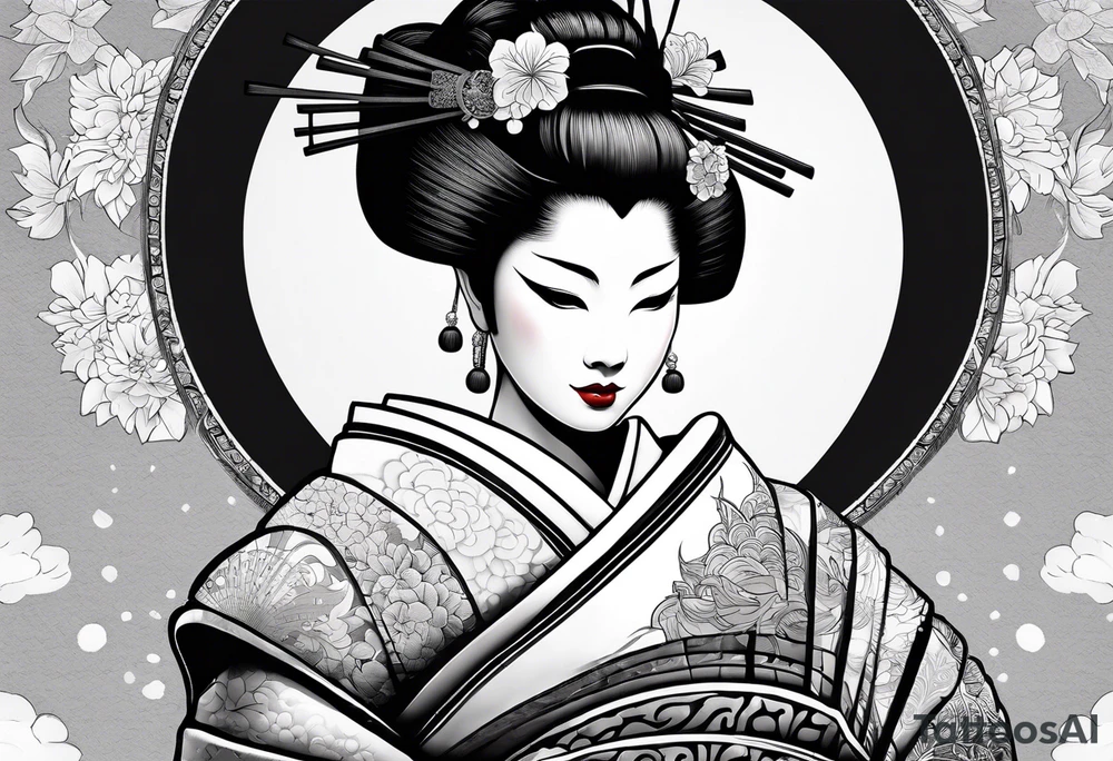 Geisha with a japanese mask and a fan with shadows and white tattoo idea