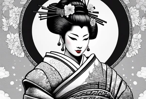 Geisha with a japanese mask and a fan with shadows and white tattoo idea