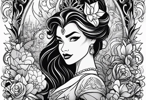 Disney princesses and Disney villains mixed together on an arm sleeve tattoo idea