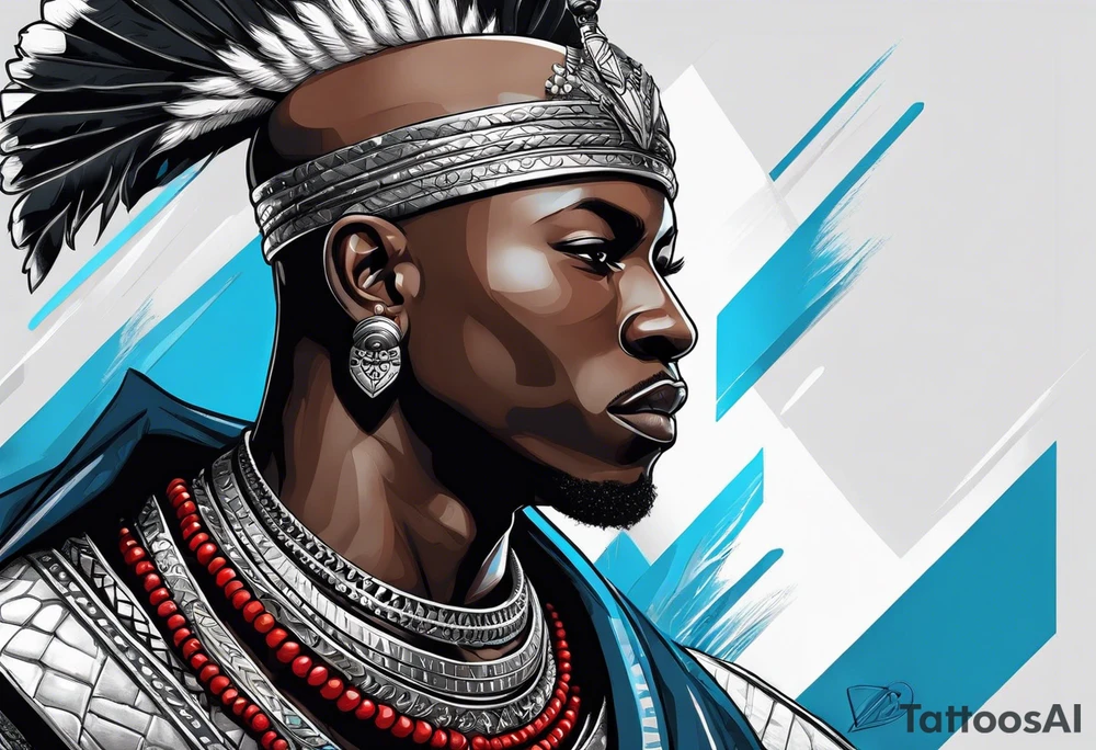 Black-skinned bald african warrior. He wears a simple and small silver crown. He uses two simple necklaces: one blue, other red. tattoo idea