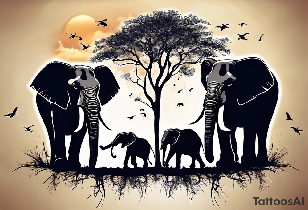 “AI, can you create a unique tattoo design for me? I envision three elephants – a small one in the front, the dad behind, and the mom behind the dad. I’d like the background to feature a rising sun and an African tree. Feel free to add your artistic touch and details to make it special.” tattoo idea