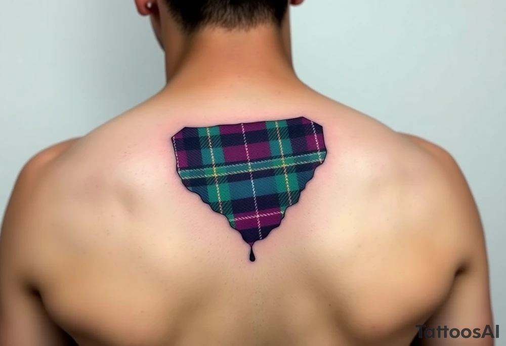 arm Dark Purple with green pink blue and white highlights tartan fabric with flesh peeling away at edges tattoo idea