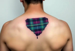 arm Dark Purple with green pink blue and white highlights tartan fabric with flesh peeling away at edges tattoo idea