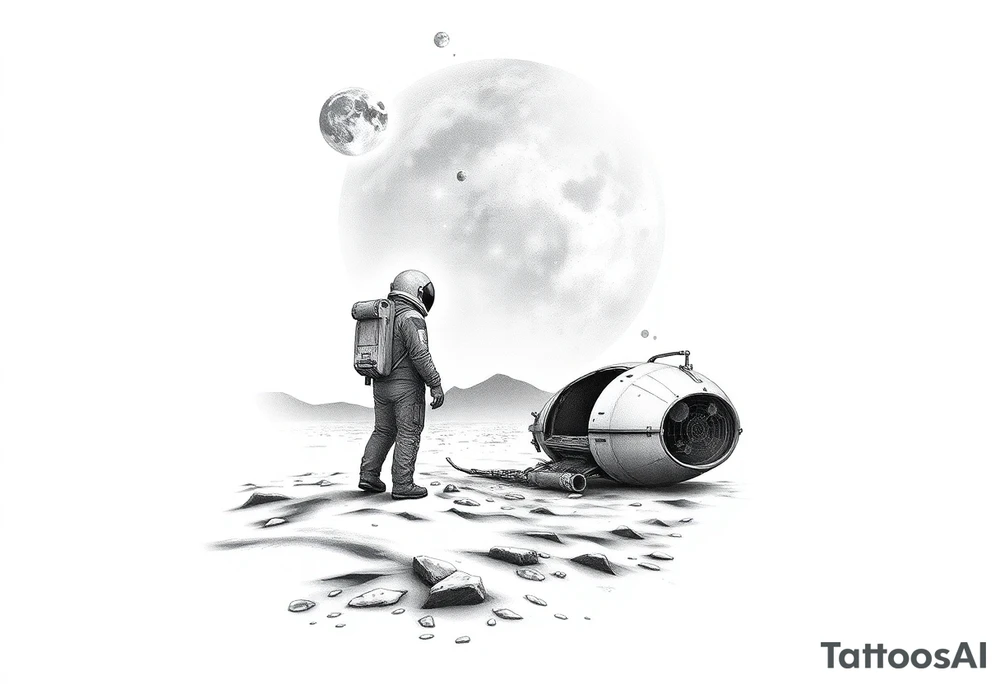 Full sleeve tattoo design for the right forearm, in realistic black and grey style.
The scene shows a lonely astronaut standing on the surface of an unknown planet, similar to the Moon’s landscape.
In front of him stretches a vast, mysterious universe filled with glowing planets, stars, and cosmic nebula light.
A few meters beside him lies a crashed and smoking spaceship, broken and damaged, showing clear signs of impact.
The image represents loneliness and survival — the moment when the astronaut realizes he is completely alone in an unfamiliar world.
The atmosphere should feel melancholic, cinematic, and deeply emotional, combining realism with fantasy.
Fine shading, detailed textures, and strong light-shadow contrast, designed to wrap naturally around the right forearm. tattoo idea