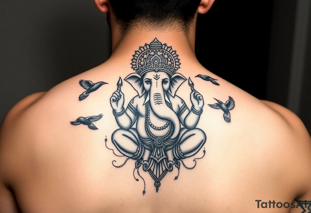 Traditional black and white Ganesha tattoo with crows fly towards and away from him tattoo idea