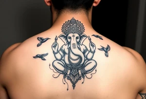Traditional black and white Ganesha tattoo with crows fly towards and away from him tattoo idea