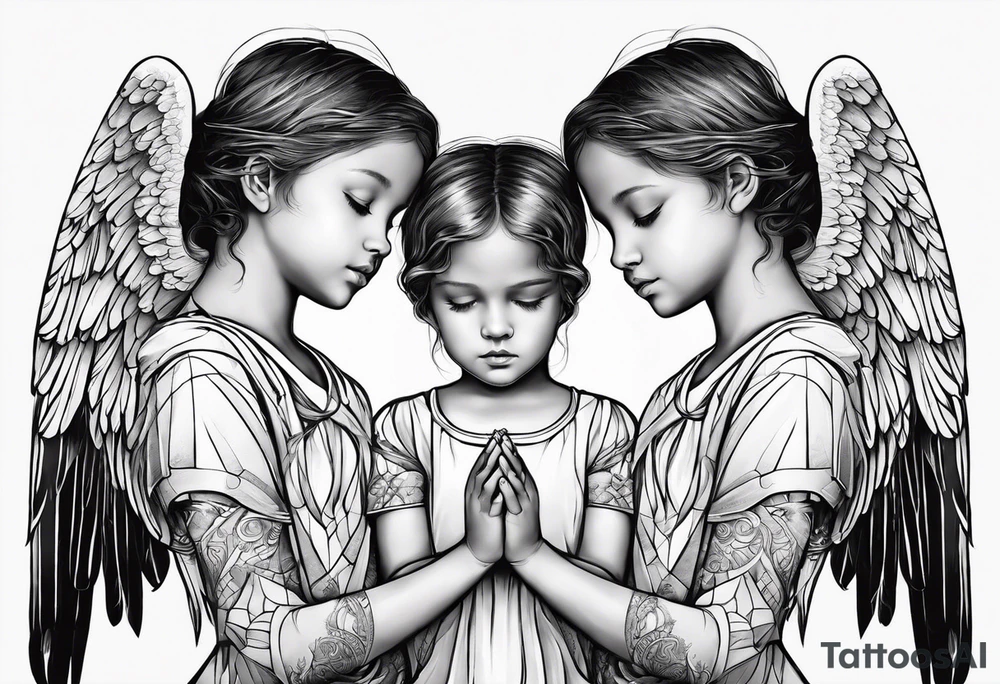 3 angels praying together. The two boy angels are on either side of the girl angel, with their wings gently enfolding tattoo idea