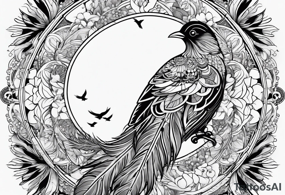 Mandala feather with birds, music, yin and yang, water tattoo idea