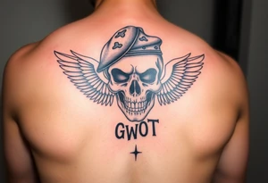 Create me military tattoo with skull, beret on skull and word that say GWOT kid with wings tattoo idea