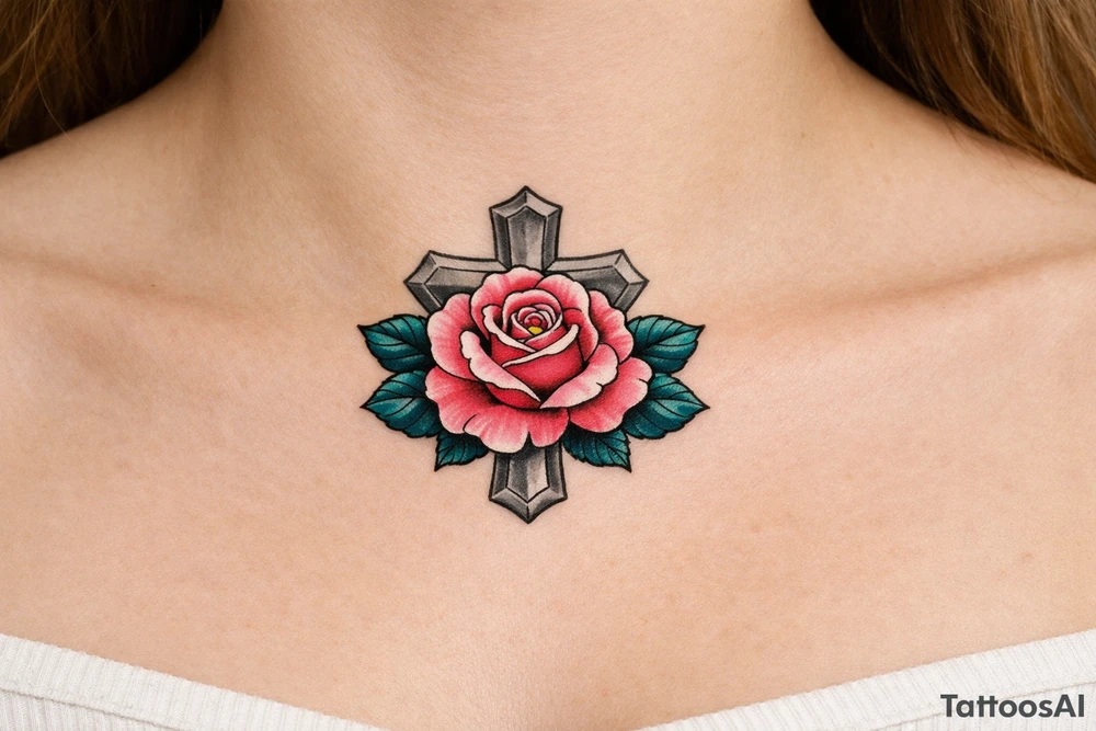 Pink rose , petrol leaves no stem, 
 cross behind it, cross is grey tattoo idea