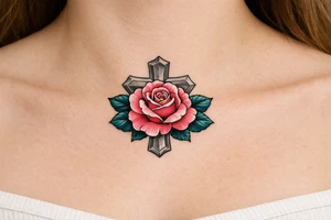 Pink rose , petrol leaves no stem, 
 cross behind it, cross is grey tattoo idea
