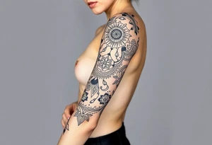 shaman style mytical bold line with rhyme tattoo idea