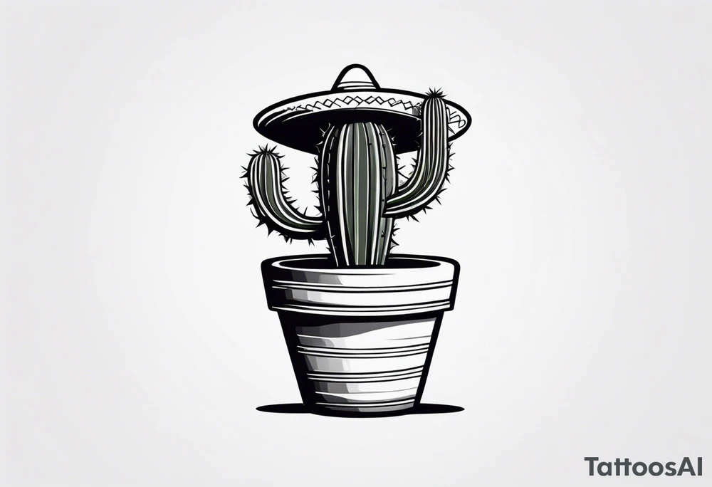 Cactus in a pot wearing a sombrero black and grey tattoo idea