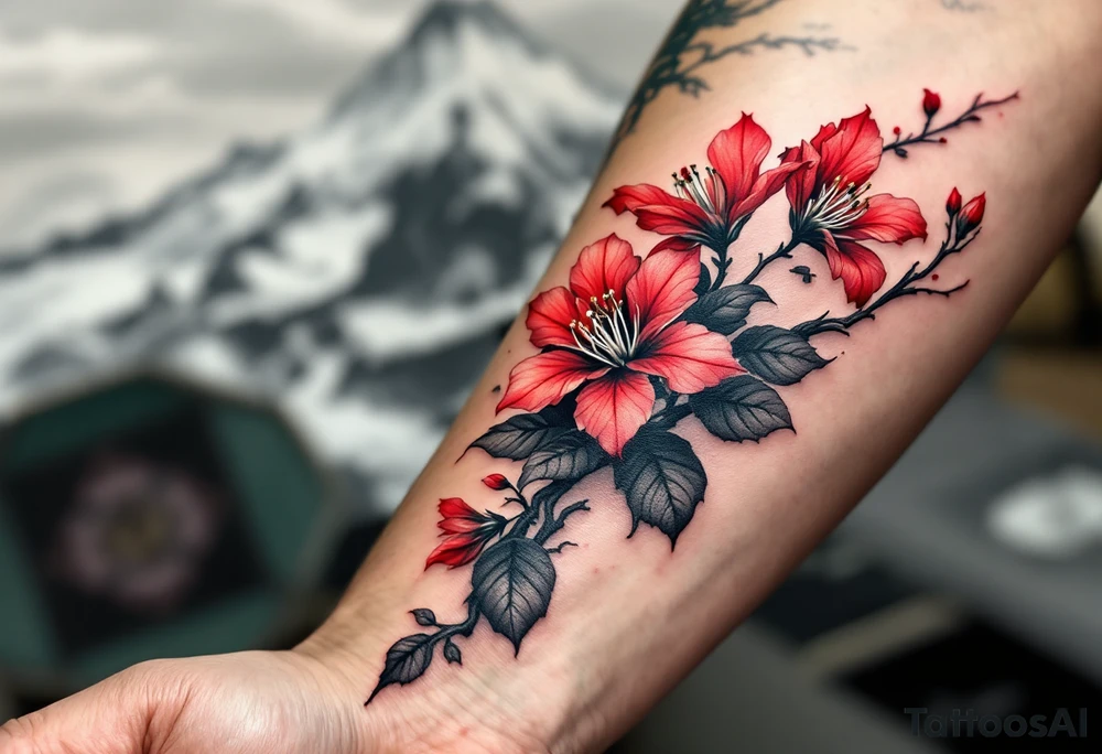 red  and black rhododendron trippy with Himalayas behind tattoo idea