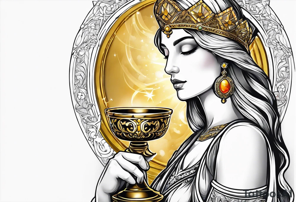 woman saint holding chalice surrounded by golden halo sideways tattoo idea
