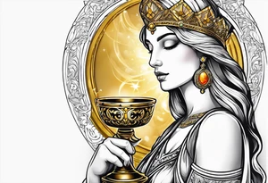 woman saint holding chalice surrounded by golden halo sideways tattoo idea