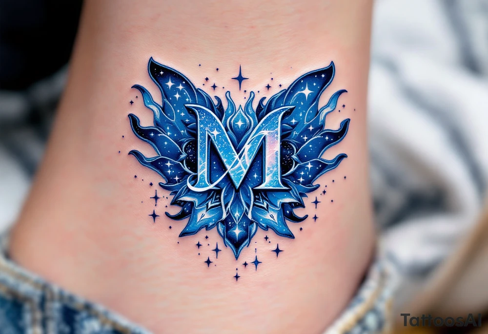 A cosmic-themed "M" in deep indigo with specks of starlight white. tattoo idea