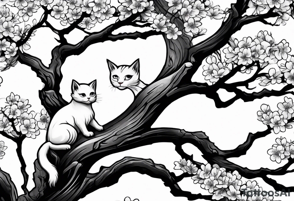 elongated cherry blossom branch meeting with a dying pine tree with hidden cute demon cat tattoo idea