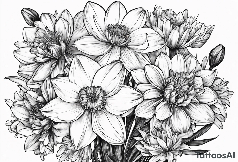 Narcissus, CHRYSANTHEMUM, COSMOS, SNOW DROP in a bouquet with stems tattoo idea