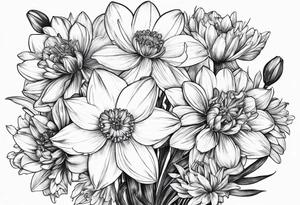 Narcissus, CHRYSANTHEMUM, COSMOS, SNOW DROP in a bouquet with stems tattoo idea