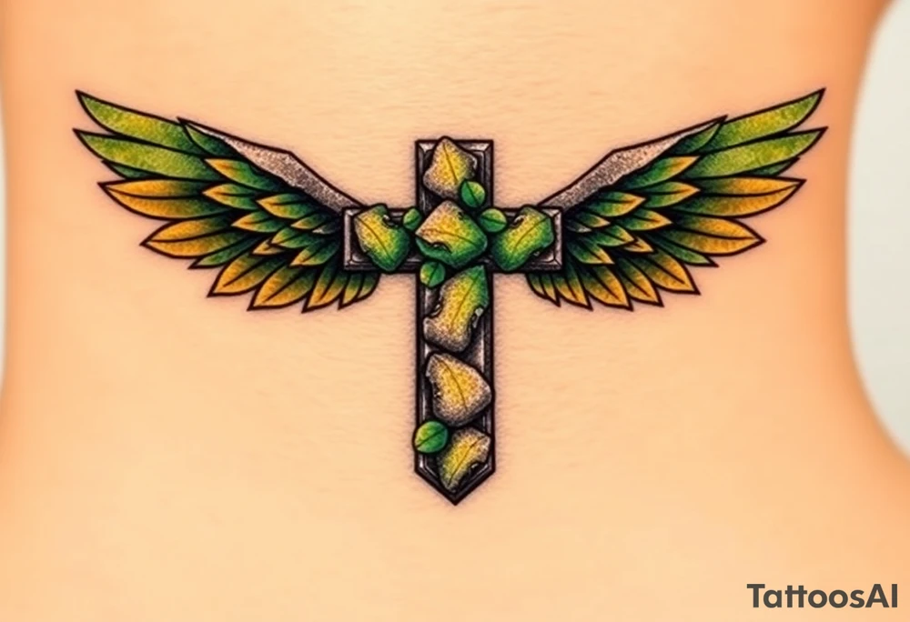 A moss-covered stone cross, with soft green and gold wings resembling leaves in autumn tattoo idea