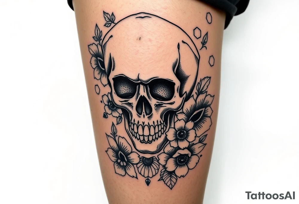 Skull nurse with flower’s and honey combs background tattoo idea
