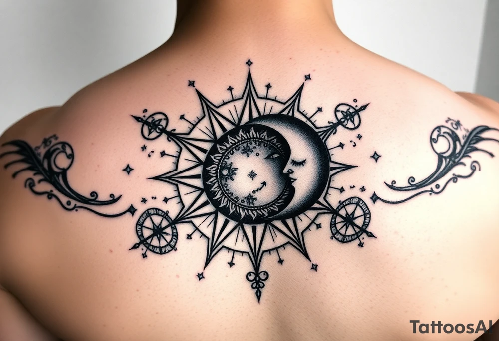 celestial sun and moon embrace with constellation patterns tattoo idea