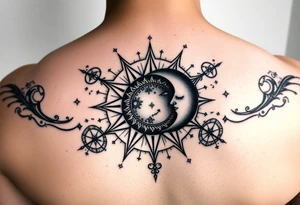 celestial sun and moon embrace with constellation patterns tattoo idea