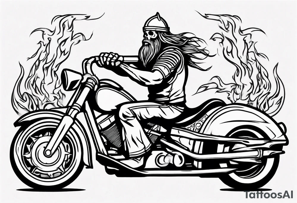 i want a tattoo of a big viking skeleton riding a motorcycle with flames and I want the words “Viking Customs” in the design tattoo idea